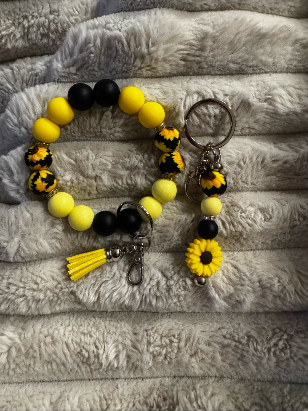Sunflower Yellow & Black Beaded Wristlet Keychain Set
